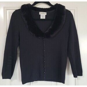 Vintage Bebe Moda Black Knit Cardigan Sz M Faux Fur Collar Button Front USA Y2K